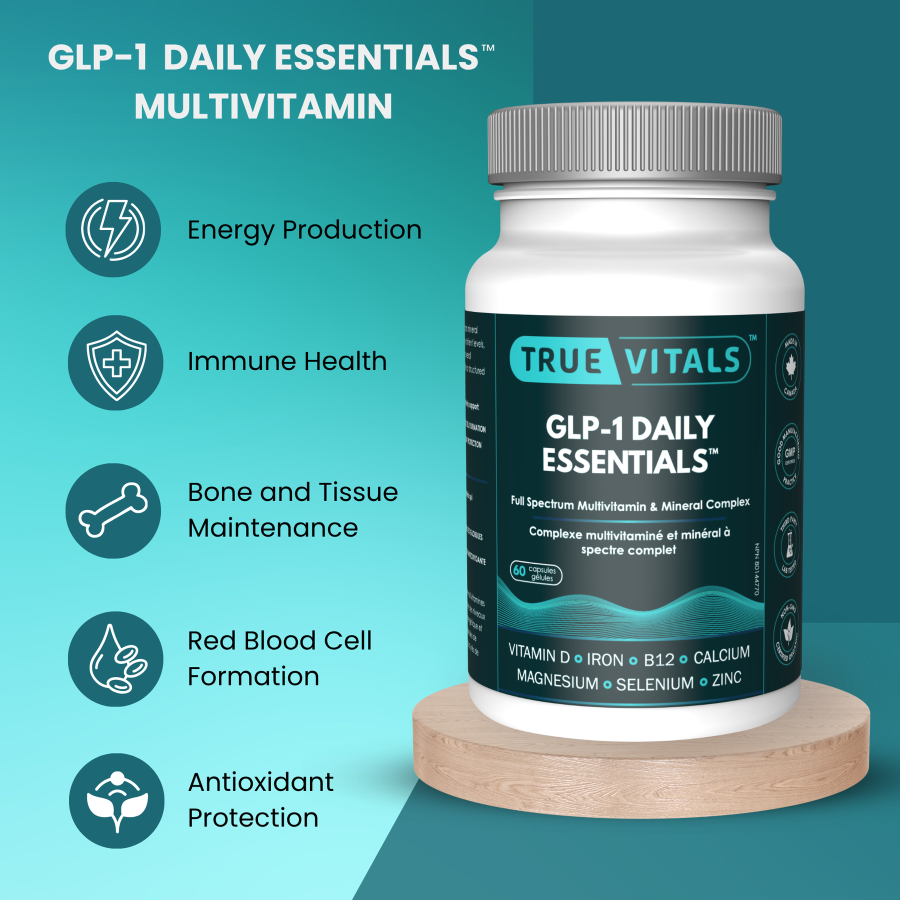True Vitals GLP-1 Daily Essentials product features and key vitamins included