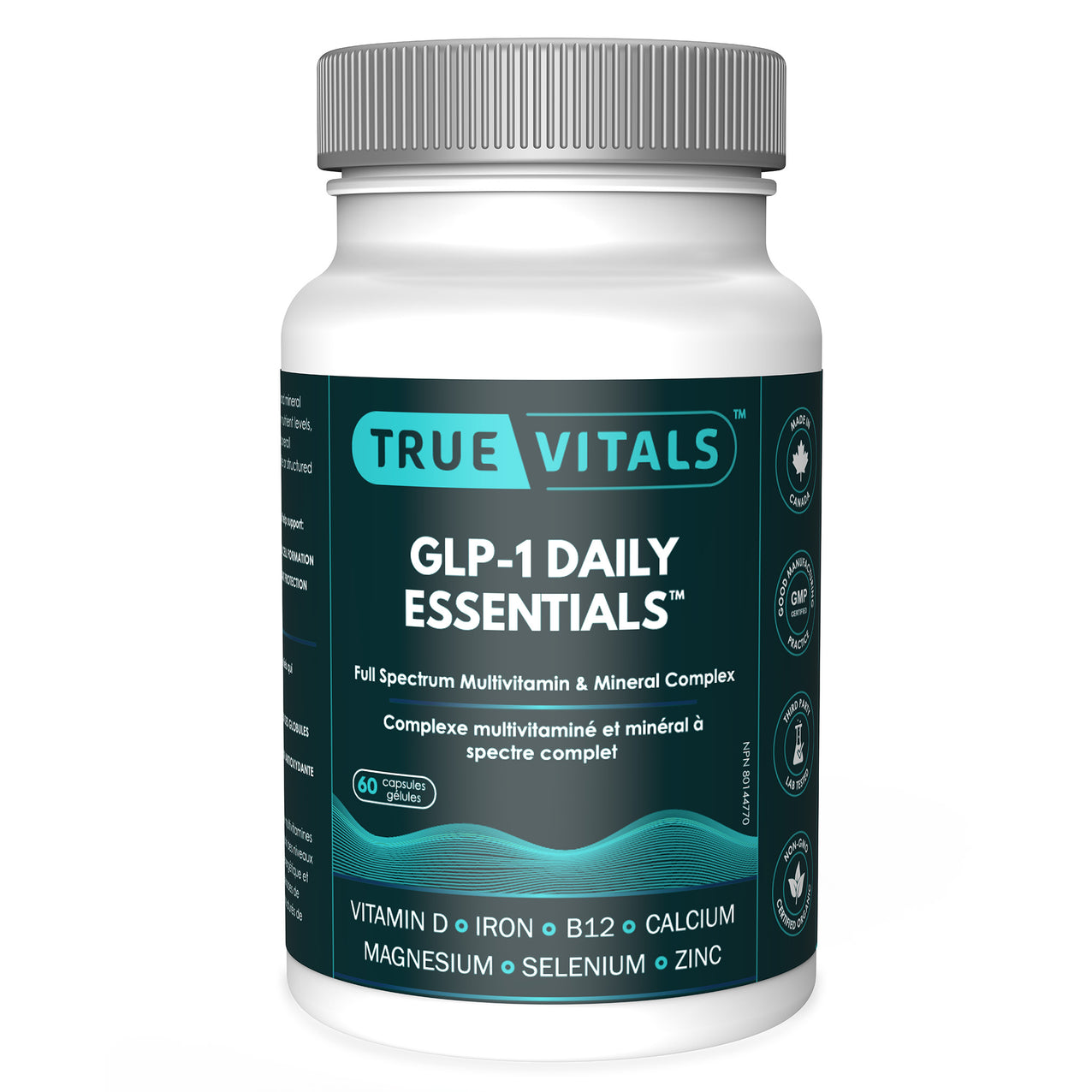 True Vitals GLP-1 Daily Essentials multivitamin bottle - front view showing 60 capsules