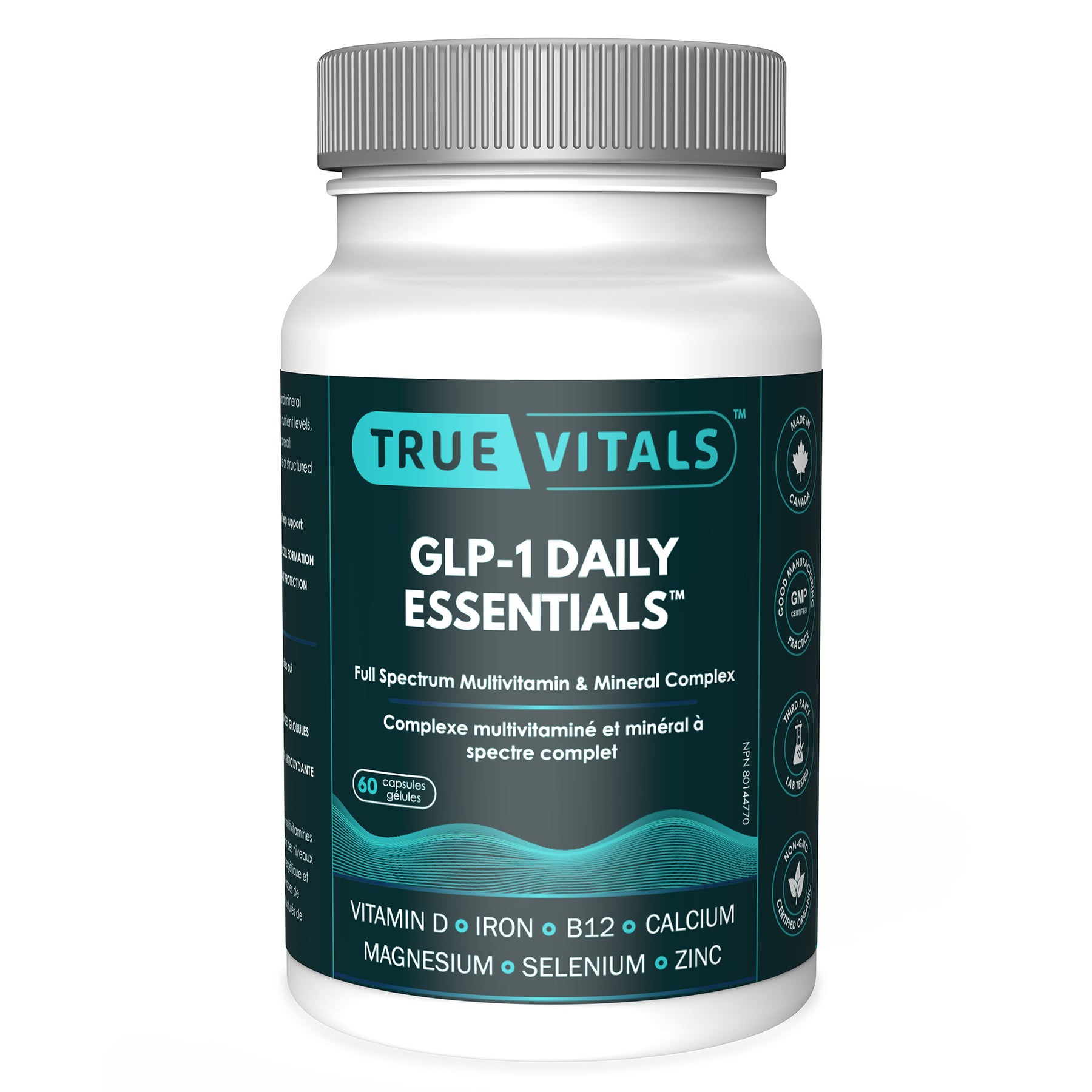 True Vitals GLP-1 Daily Essentials multivitamin bottle - front view showing 60 capsules