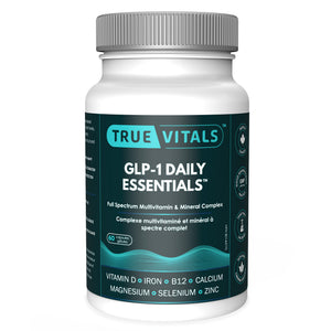 True Vitals GLP-1 Daily Essentials multivitamin bottle - front view showing 60 capsules