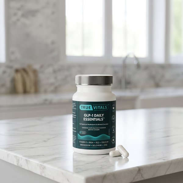 GLP-1 Daily Essentials bottle on kitchen counter